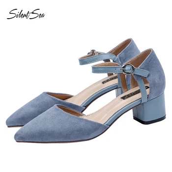 

Silentsea Women Buckle Strap Low Heels Pumps Pointed Toe Flock Heels Shoes For Woman Ladies Single Shoes Blue shoes