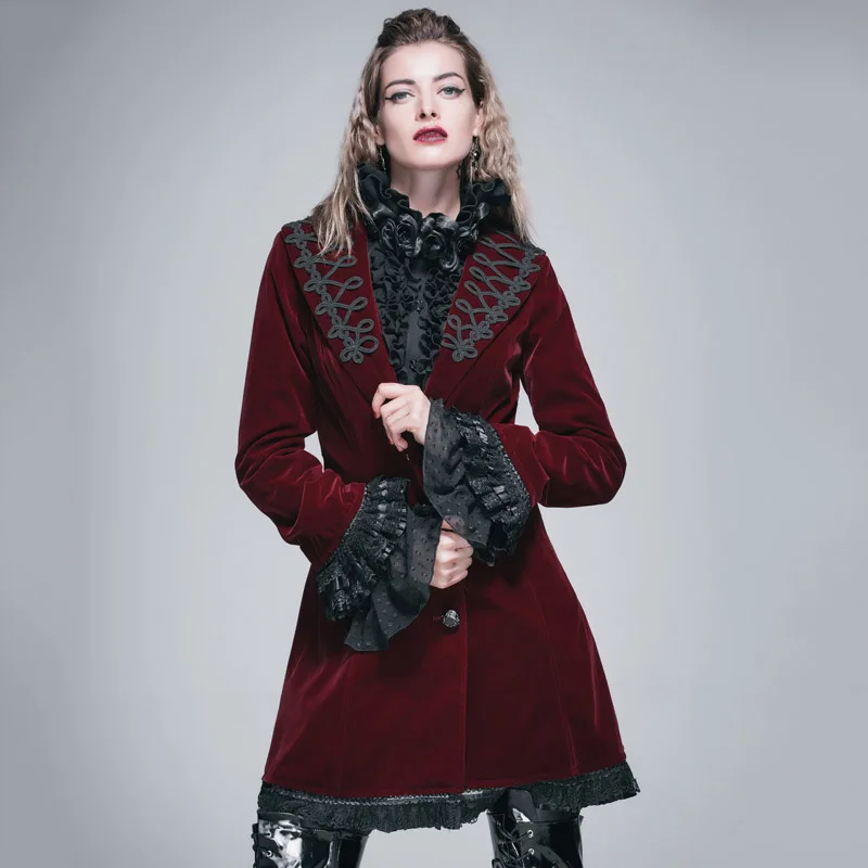 

Devil Fashion Victorian Maxi Size Winter Wool Coat Women Steampunk Gothic Long Lace Sleeves Flocking Elegant Coats for Ladies