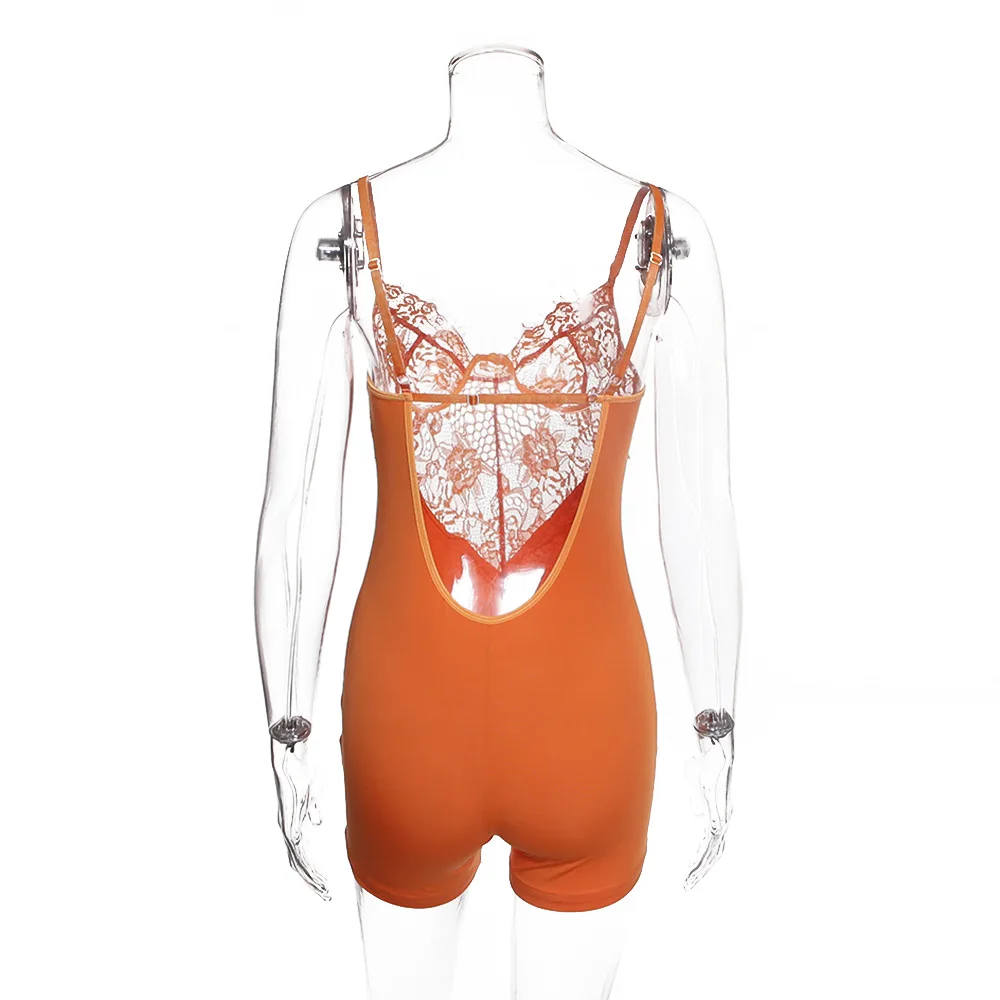 Летний женский сексуальный боди, Осенний модный кружевной комбинезон с открытой спиной и оранжевым ремнем в стиле пэчворк
