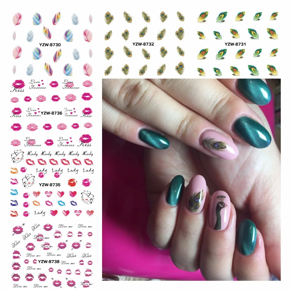 

YZWLE 1 Sheet Optional Watermark Nail Stickers Feather Lips Designs Nail Art Water Transfer Sticker Decals Nails Wraps Decor