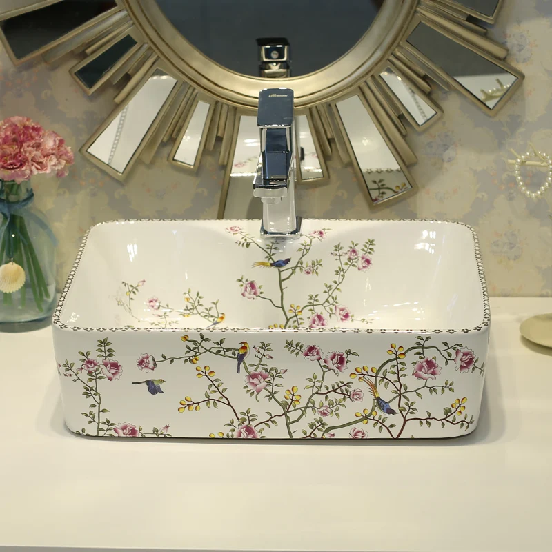 Rectangular Counter Top Wash Basin Cloakroom Hand Painted Vessel Sink bathroom sinks Flowers and birds deep basin sink (5)