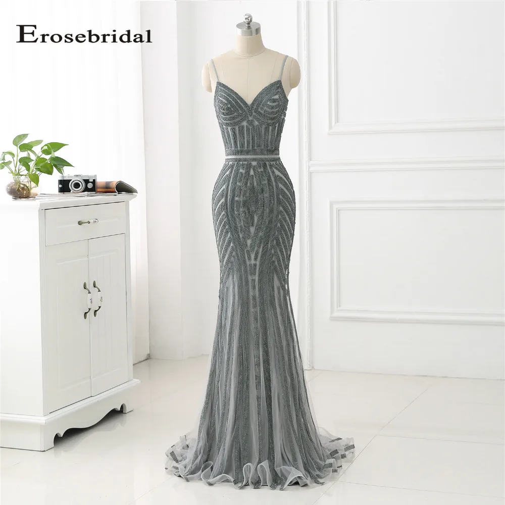 

48 Hours Shipping 2019 Evening Dress Grey Crystal Mermaid Formal Women Gowns Off The Shoulder Vestido De Festa ZLR019