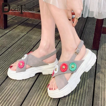 

DORATASIA 2019 New Sweet Appliques Geniune Leather Shoes Sandals Women Summer Platform Women Casual Shoes Woman Size 34-40