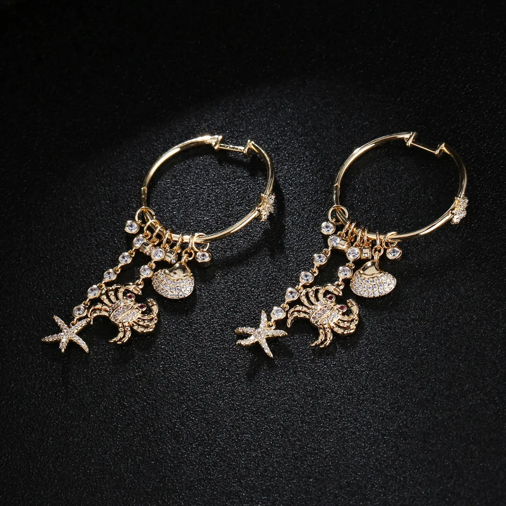

European 2019 fashion new crab animal earrings female marine creative Zircon long ladies Tassel Hoop earrings jewelry ZK40