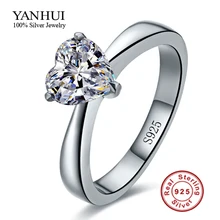 YANHUI Real 925 Anillos de Plata para Las Mujeres de Corazón Romántico 2 Quilates CZ Diamante Anillos de Compromiso de Boda Joyería Al Por Mayor R100