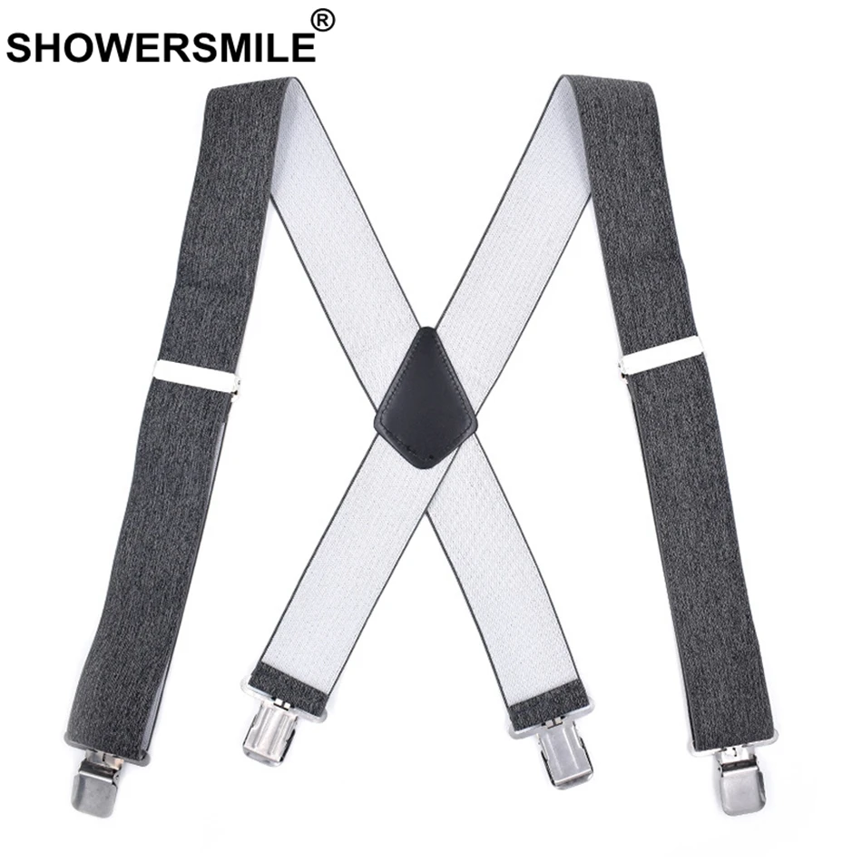 

SHOWERSMILE Adult Suspenders Wide 5cm X Back Grey Mens Braces For Trousers Male 4 Clips Elastic Adjustable Suspender Belt 120cm