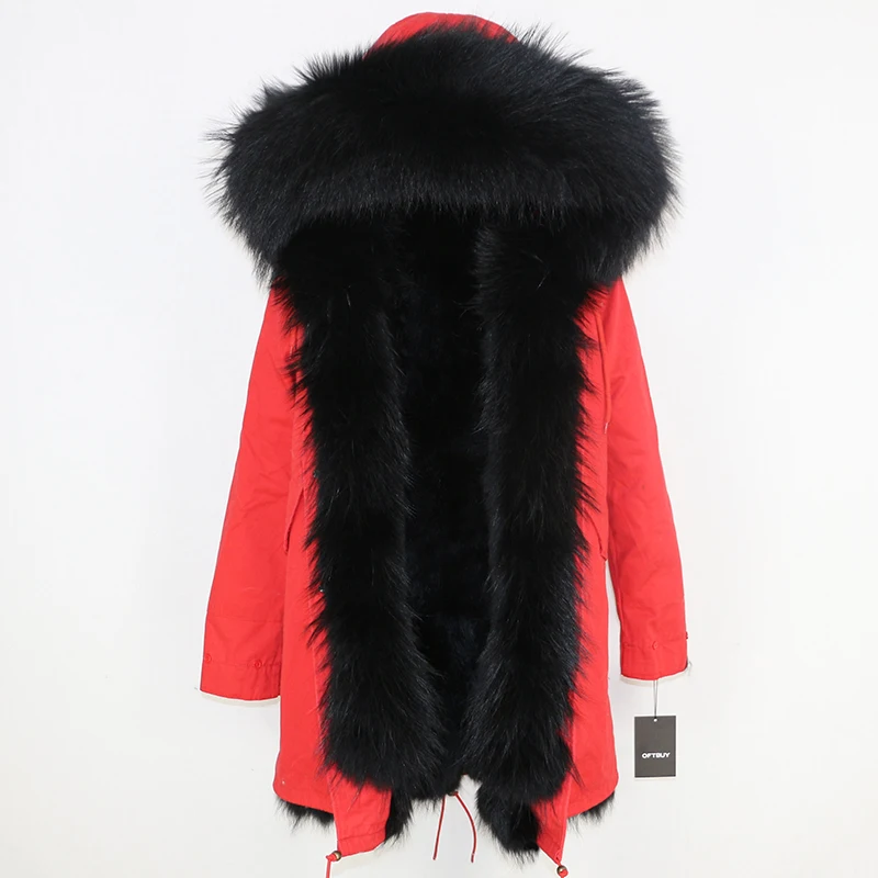 Зимняя куртка женская брендовая новая парка пальто из натурального меха енота воротник из натурального Лисьего меха Толстая теплая верхняя одежда уличная одежда - Цвет: red black E