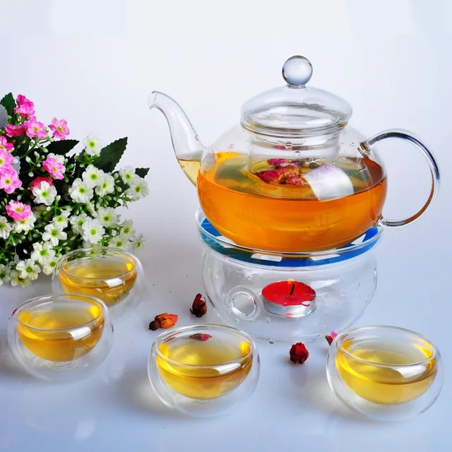 5 Free Candles Transparent Hot stable Glass Kungfu Tea Sets 600ml Glass