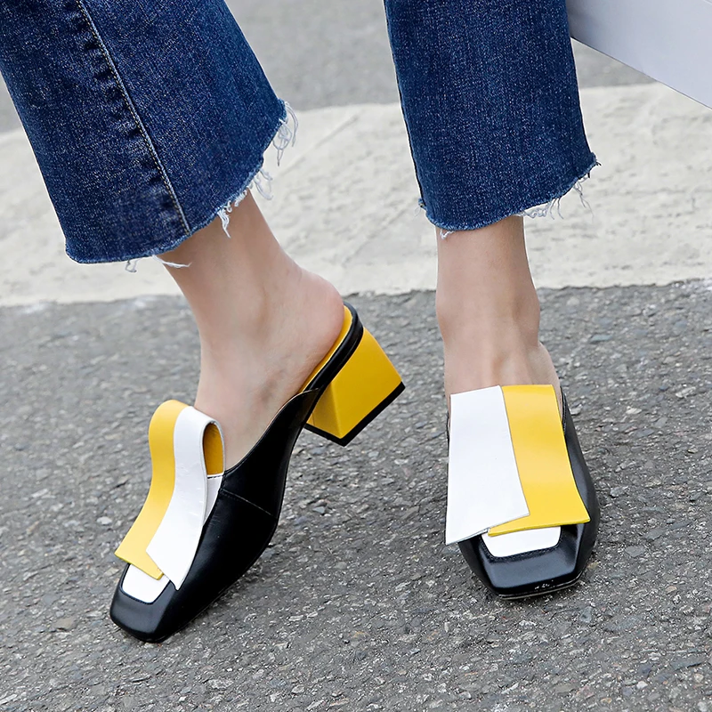 

XIUNINGYAN 2019 Spring Women Pumps Shoes Cow Leather Slip-on Square Toe Casual Mixed Color Shoes Women Punk Style Mules Sandals