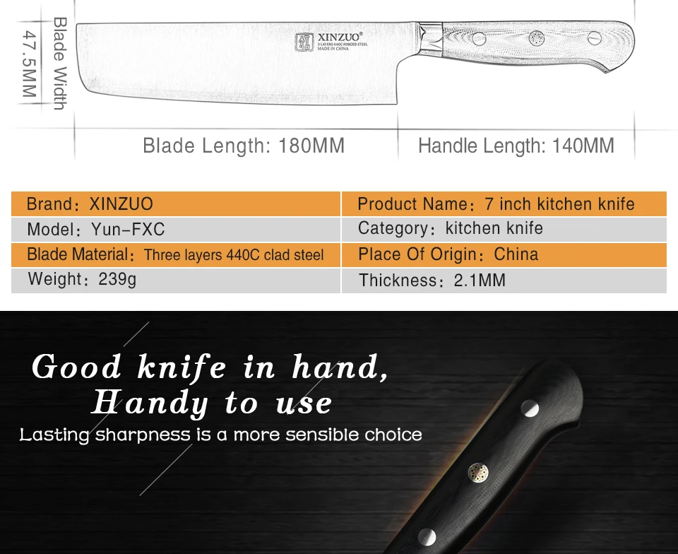 XINZUO 7 дюймов нарезки Ножи Кухня Nikiri ножи 3 Слои 440C одетый Сталь Кухня нержавеющая шеф повара Тесак Ножи с G10 ручка