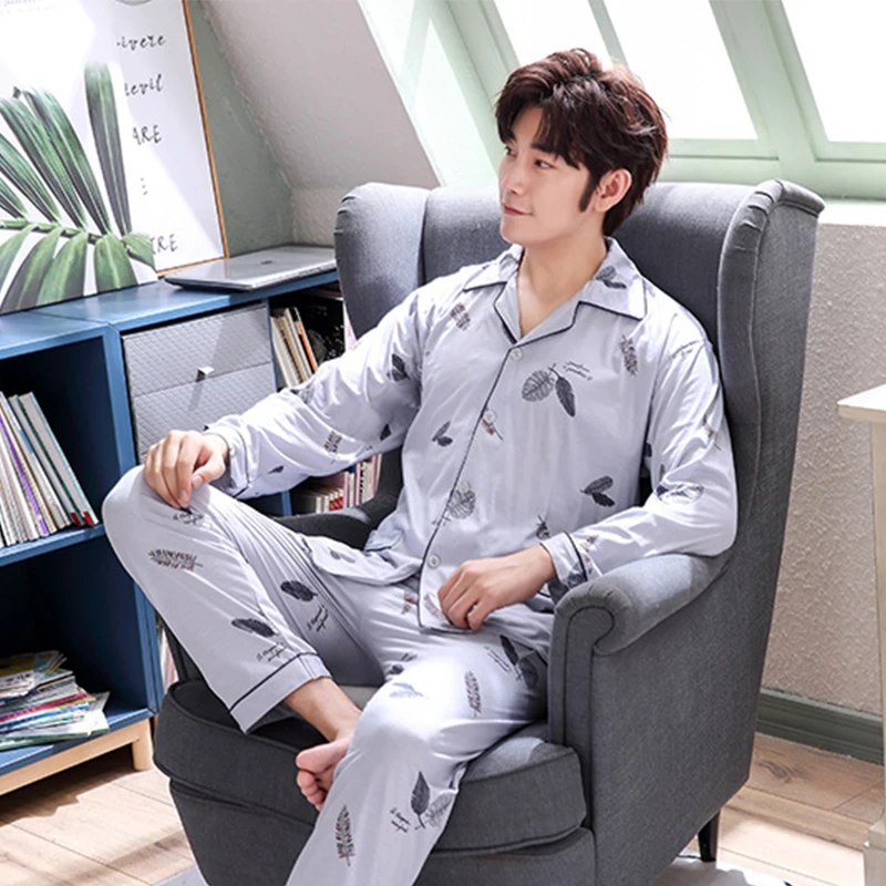 Mens Winter Autumn Pajamas Night Suit Men Nightwear Male Sleepwear Pyjamas Man Nighty Sleeping Suit Top Pants Set Button 3XL