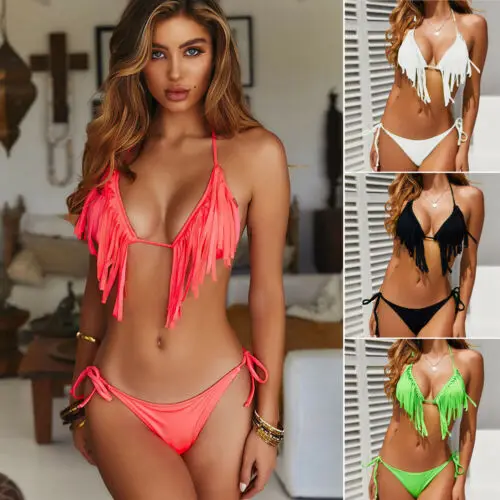 2022 Women Sexy Tassel Bra Padded Push Up Swimwear Solid Bandage Bikini Set Lady Swimsuit Bathing Suit | Спорт и развлечения