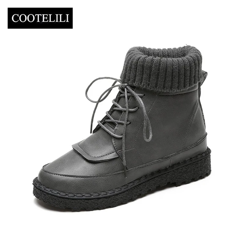 

COOTELILI Women Boots Ankle Boots 2018 Winter Shoes Lace-Up Knitted Flat Shoes Rubber Boots Women Leather Shoes 3cm Heel
