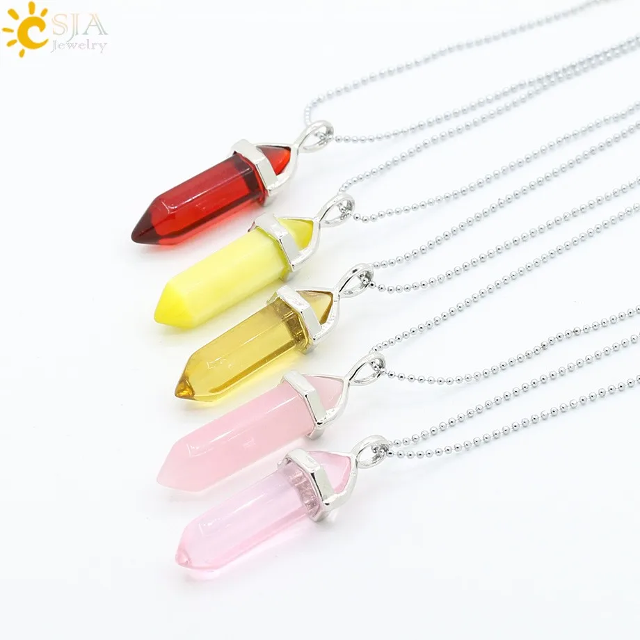 Hexagonal Prism Bullet Shape Glass Cat's Eye Opal Pendants Necklaces