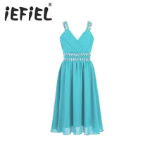 Детское шифоновое летнее платье для дня рождения, выпускного вечера, с широкими бретельками, с v-образным вырезом, блестящими блестками, стразы