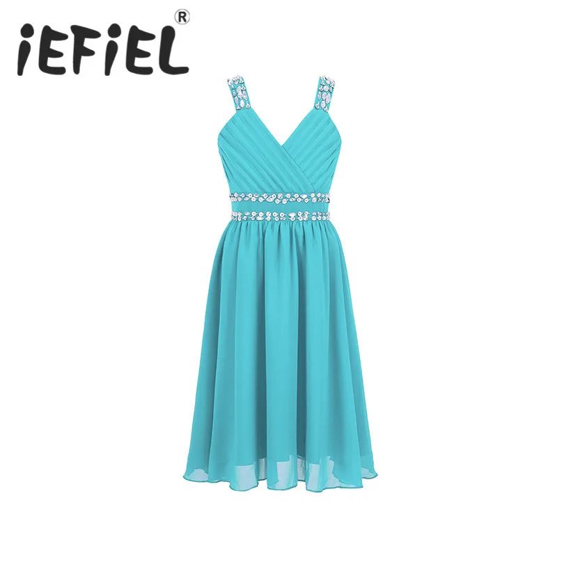 

Children Kids Girls Wide Shoulder Straps V Neckline Shiny Sequins Rhinestones Chiffon Birthday Party Prom Summer Tulle Dress