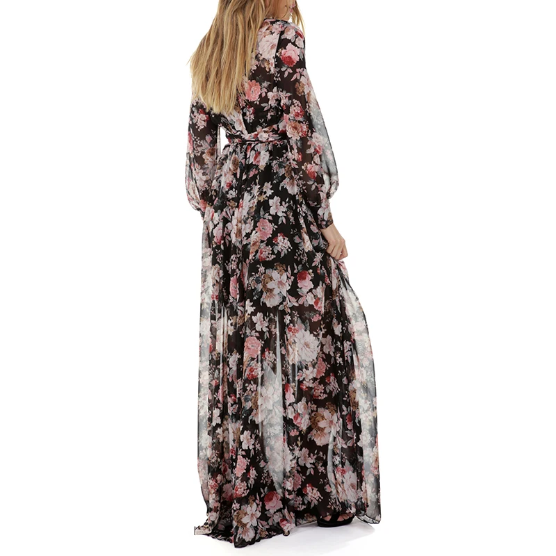 Summer Chiffon Floral Print Boho V Neck Long Maxi Dress Women Long Sleeve Elegant Sexy Beach Party Maxi Dresses Female Vestidos