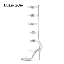 Women Clear Gladiator Boots Latest Ladies Heeled Summer Transparent Shoes Stiletto Heels Sexy High Heel Sliver Strappy Sandals clear strappy design stiletto heels