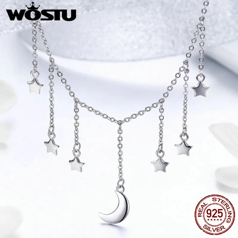 WOSTU подлинные 925 пробы Серебряные звезды и цепочки луна ожерелье для женщин S925 Серебряные Брендовые украшения подарок на год CQN301