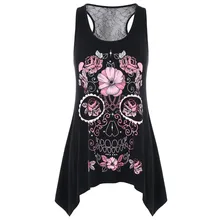 Moda das mulheres florido crânio impresso colheita topo feminino laço voltar tanque topo o-pescoço blusa colete cabresto topo ropa verano mujer 2019