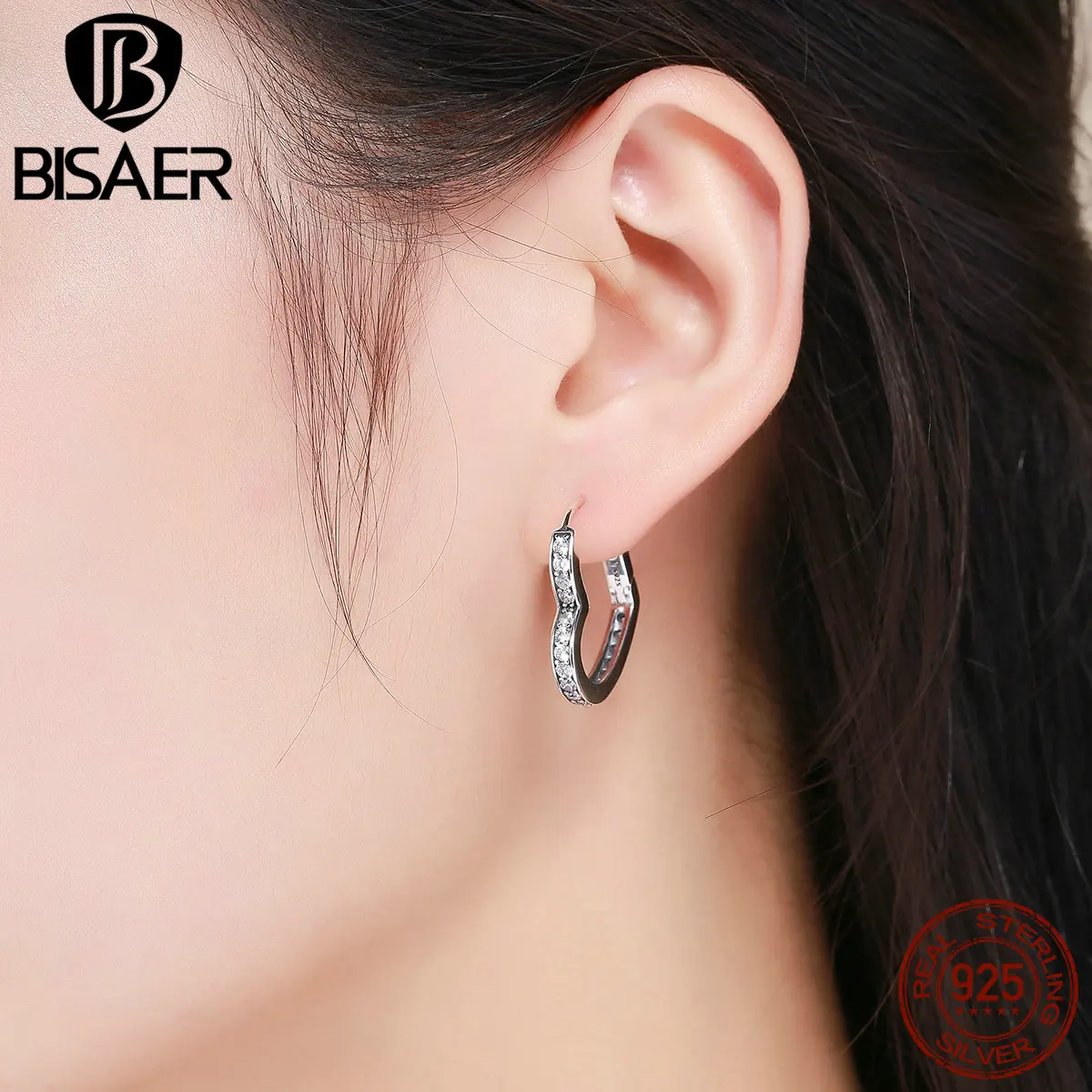 BISAER Bijoux 925 пробы серебряные ослепительные с фианитами, в форме сердца изысканные серьги-гвоздики для женщин Серебряные серьги ювелирные изделия GXE290