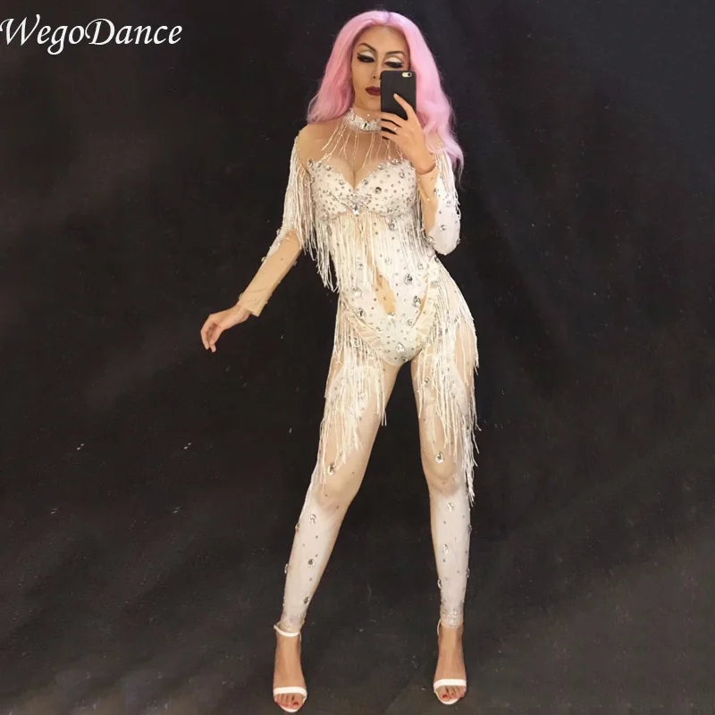 

new Sexy Stage Tassel Jumpsuit Women's singer Dance Wear Bodysuit rhineStones Bodysuit Performance costume freeshipping