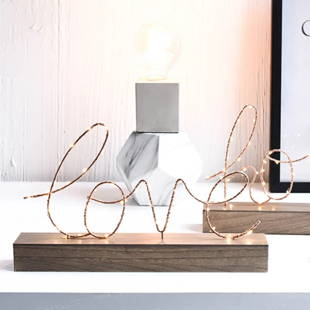 Железная деревянная основа, Ночной светильник с надписью Love Home Ins, Скандинавская светодиодная лампа, модное украшение, теплый светильник, украшение для спальни, подарок на день рождения