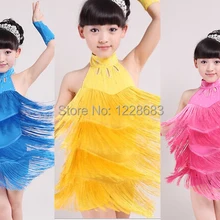 Новое поступление Для детей синего, желтого, розового цвета с выступление на сцене конкурс бахрома латинский танец костюмы/костюмы для латиноамериканских танцев платье с бахромой для девочек