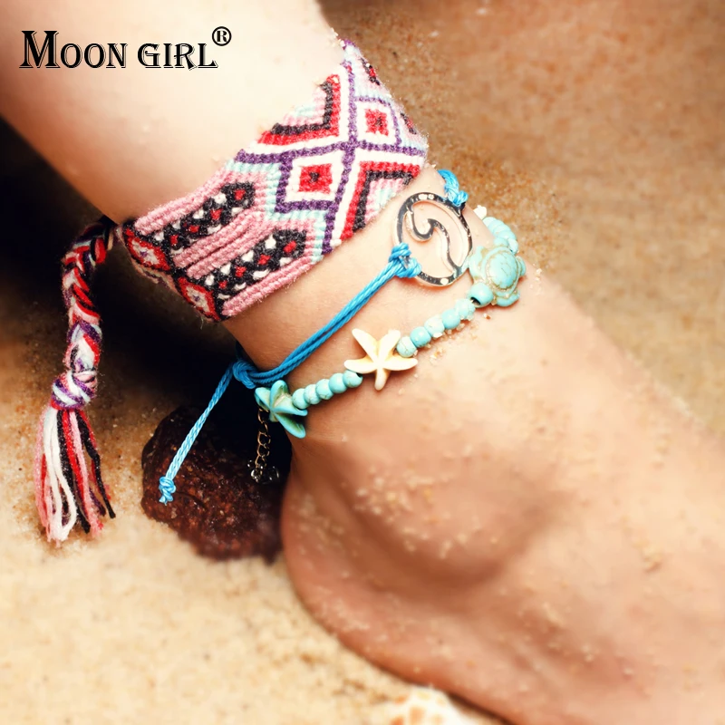 

MOON GIRL 3 Pieces/Set Turtle Starfish Foot Bracelet Anklets for Women Bohemian Weave String Bracelet Femme Leg Jewelry Dropship