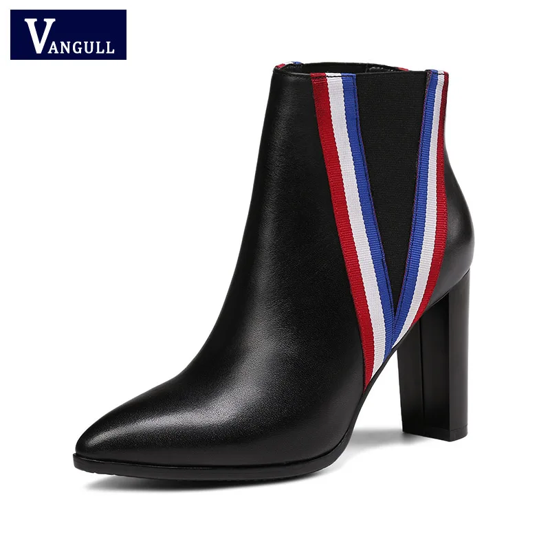 

VANGULL New Women Boots Winter fashion Genuine leather Pointed Toe Square heel Mixed Colors Ankle Boots Black Genuine Leather