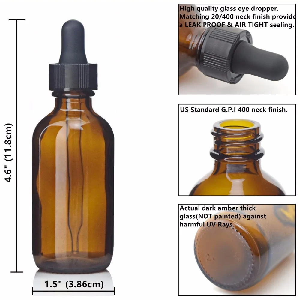 12pcs 2 Oz 60ml Eye Dropper Bottle Empty Refillable Amber Glass With Pipette