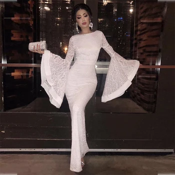 

Good Quality Bandage Dress 2019 Winter Elegant Lady Party Dresses Long Flare Sleeve Maxi Long Dress White Lace Mermaid Vestidos