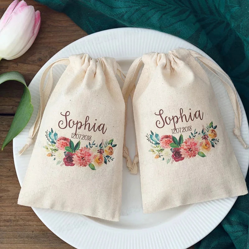 

100pcs Personalized Wedding gift Drawstring bag cotton candy bags custom name date Bridal Birthday Anniversary wedding favors