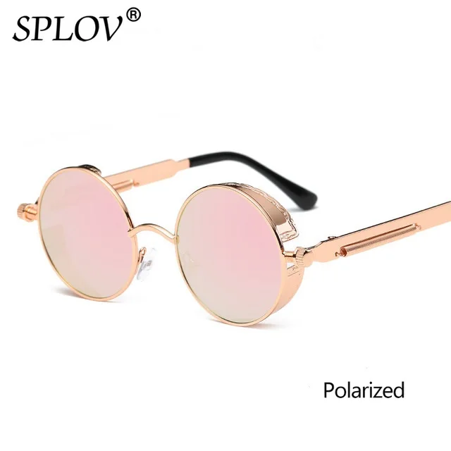 SPLOV винтажные круглые поляризованные солнцезащитные очки ретро стимпанк Солнцезащитные очки для мужчин и женщин маленькие металлические круглые очки для вождения UV400 - Цвет линз: C25GoldPinkP