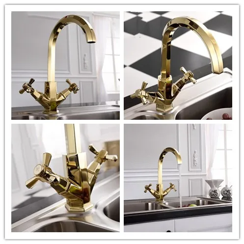 Cheap Luxury gold Solid Brass Two Handle High Arc Kitchen Faucet ,Unique design 360 Degree Swivel Modern Hot& Cold Mixer sink faucets