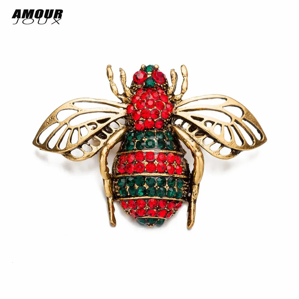 AMOURJOUX Retro Green Red Crystal Bee Brooches Pin For Women And Men