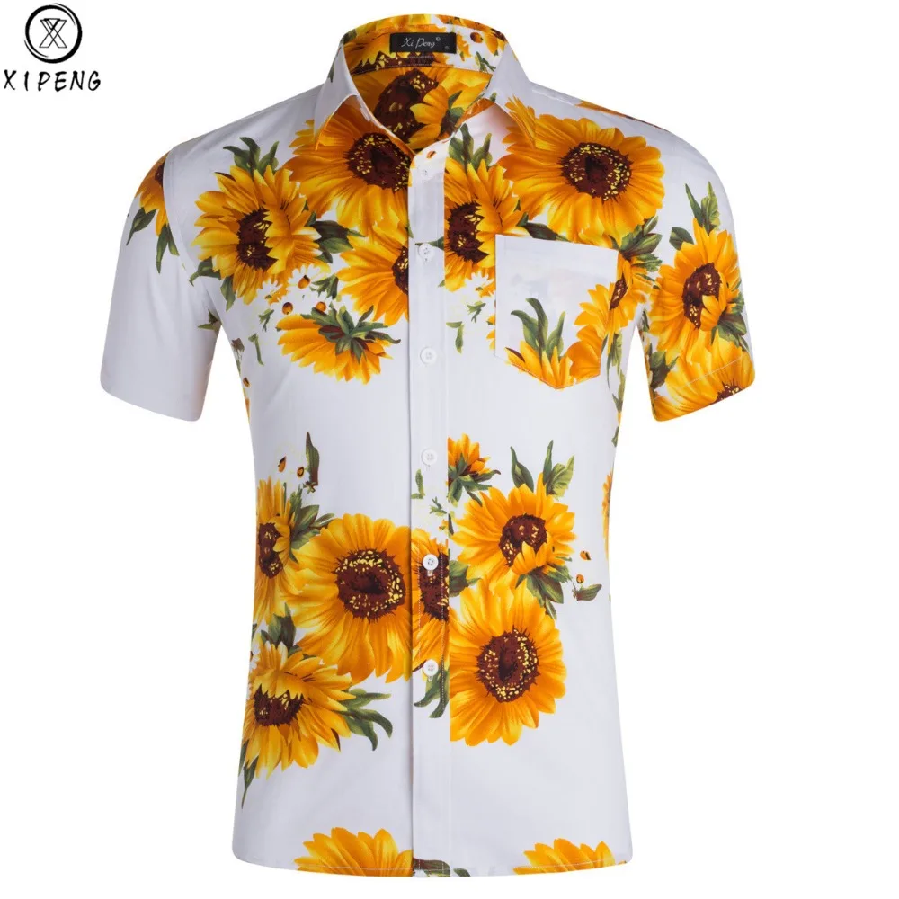 

Sunflower Print 100% Cotton Casual Shirts Men 2019 New Summer Fashion Slim Fit Short Sleeve Camisa Masculina Large Size S-XXL