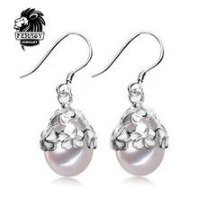 FENASY 925-sterling-silver Stud Pendientes de Gota Pendiente de La Perla de Agua Dulce 9-10mm Perlas pendientes flor Joyería de diseño Hueco