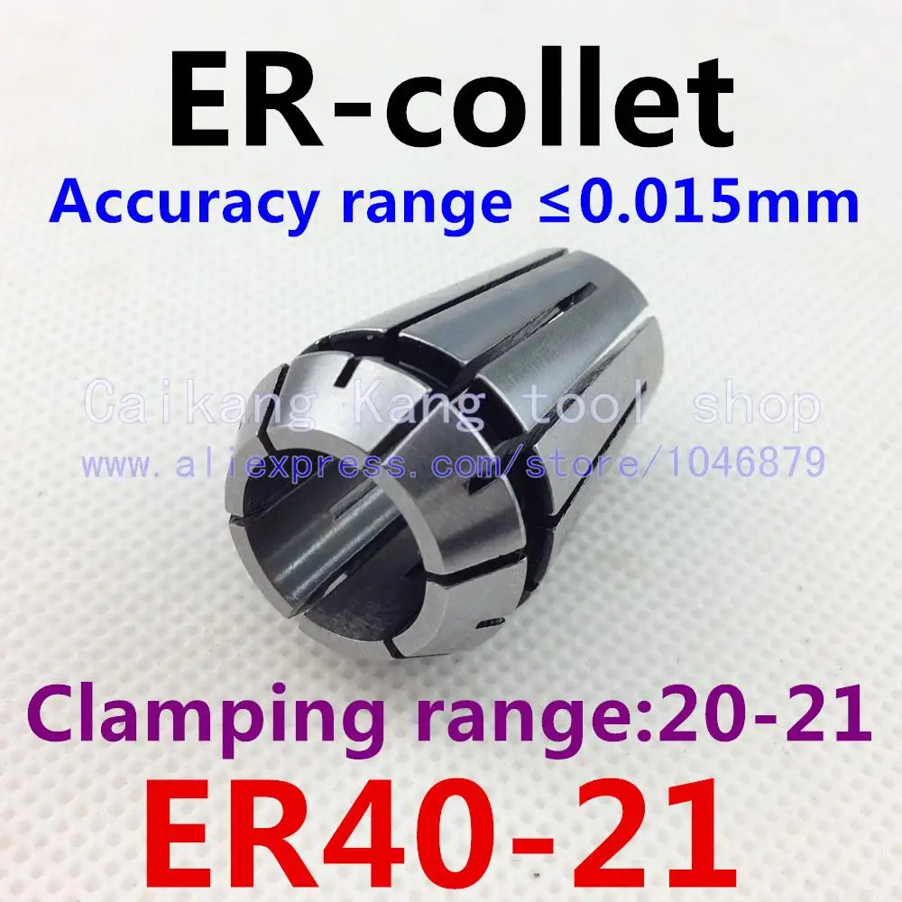 

. ER collet. Collet. Material: 65 Mn spring steel. Accuracy: 0.015mm. Clamping range: 20-21mm. Specifications: ER40-21