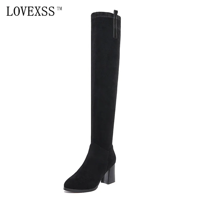 

LOVEXSS Nubuck Leather Knee Boots 2017 Winter Black High Quality Genuine Leather High Boots Buckle High Heel Warm Over-the-Knee