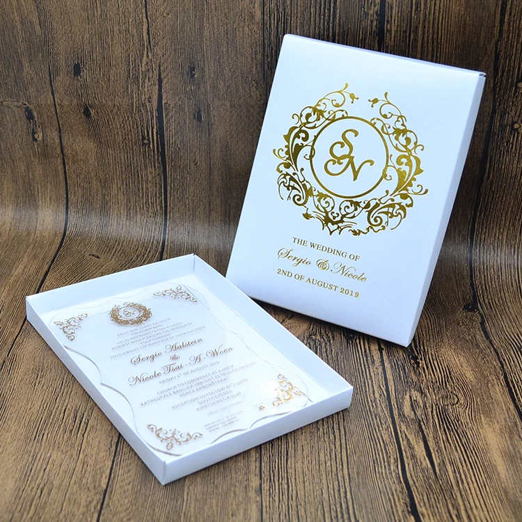 Gold screen printing acrylic wedding invitations with foil box