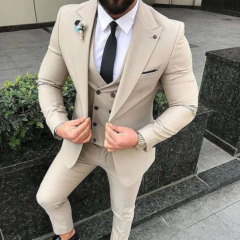 Slim Fit Beige 3 Piece Suit Men Wedding Tuxedos Bridegroom Groomsmen 