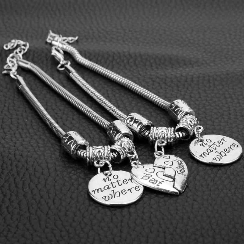 1 Pair No Matter Where Silver Bracelets for Women Girls Charm Jewelry Best Friends Friendship Bangle Couple Bracelet Lover Gift