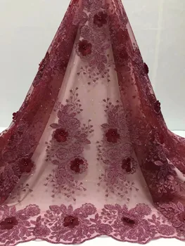 

African Lace Fabric 2019 High Quality 3D Flower Fabric Embroidery with Beads French Tulle Net Lace for Wedding Dress YYZ00832