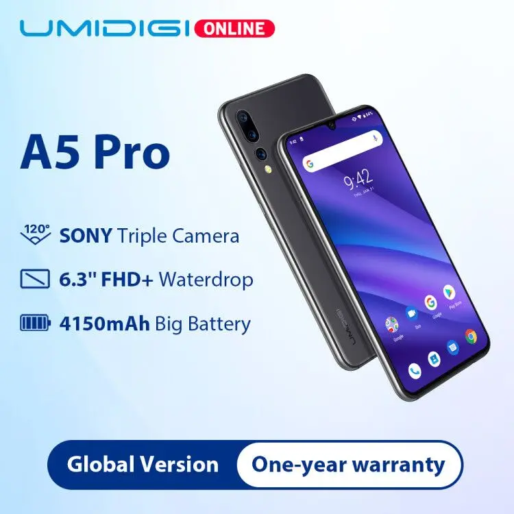 UMIDIGI A5 Pro смартфон 6,3 ''полный экран 4 Гб+ 32 ГБ Android 9,0 мобильный телефон 16 МП Тройная задняя камера глобальная Двойная 4G