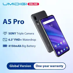 UMIDIGI A5 PRO глобальные диапазоны 16MP тройной Камера Android 9,0 Octa Core 6,3 "FHD + безрамочный экран в виде капли воды, Экран 4150 мА/ч, 4 Гб + 32 ГБ, мобильный
