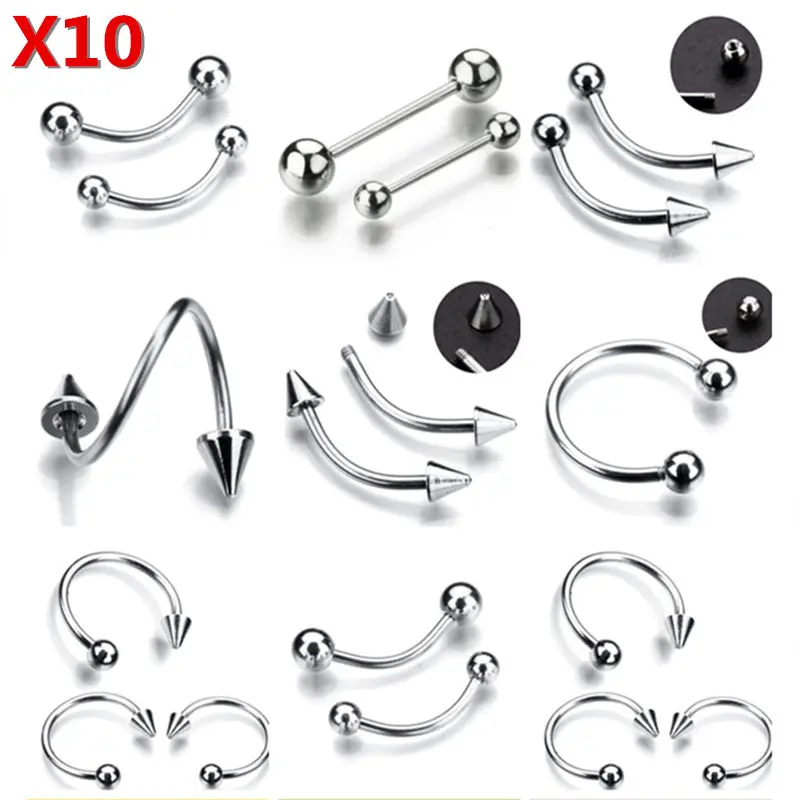 10PCS/lot 316 Stainless Steel Curved Eyebrow Nose Lip Earrings Nipple