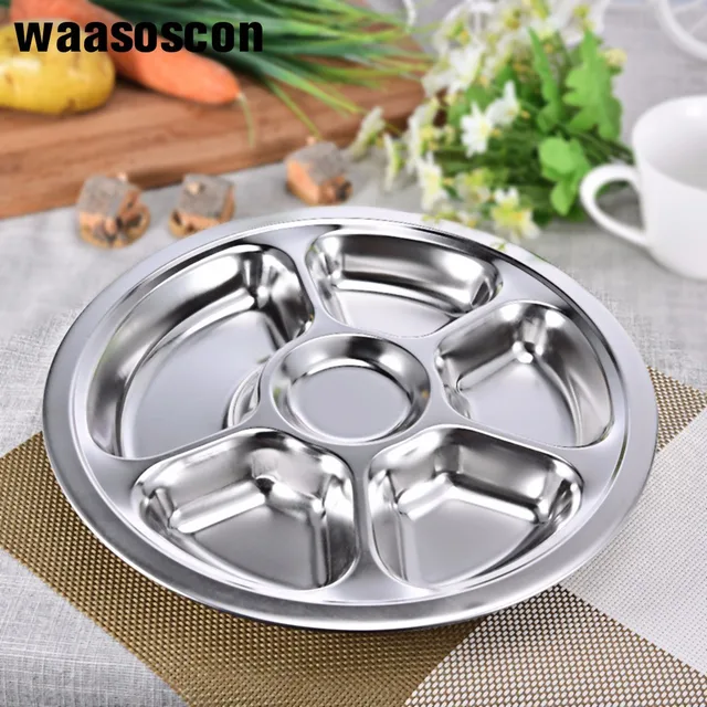 3 4 5 6 Sections Stainless Steel Divided Dinner Plate Dish Round
