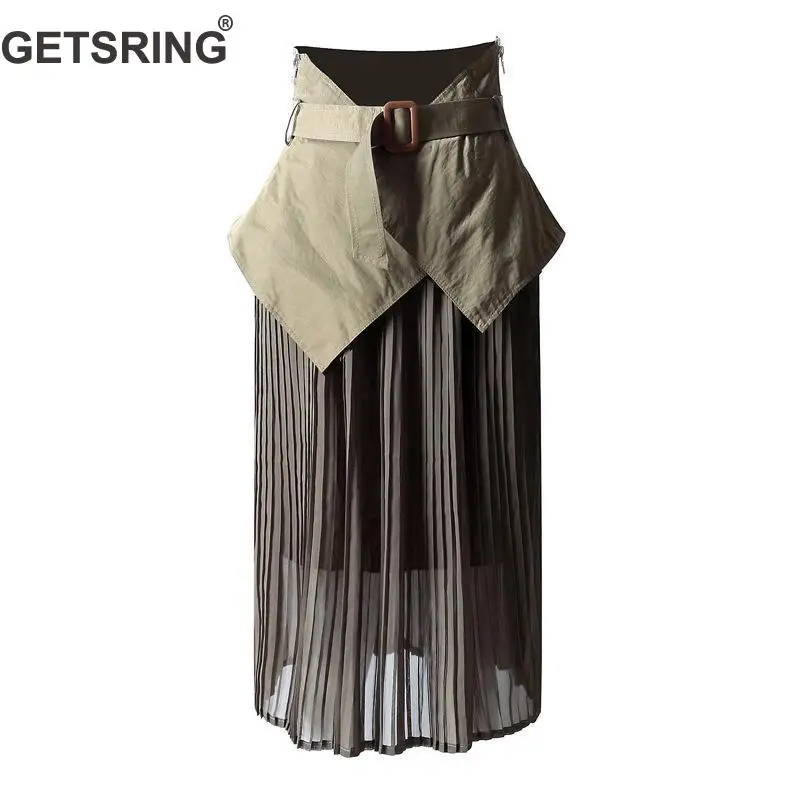 GETSRING, Женская юбка, длинная, черная, шифон, юбки, пояс, сплайсд, нестандартная юбка, высокая талия, плиссированные юбки, подходят к любой одежде, мода