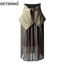 GETSRING, Женская юбка, длинная, черная, шифон, юбки, пояс, сплайсд, нестандартная юбка, высокая талия, плиссированные юбки, подходят к любой одежде, мода